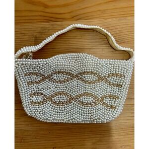 La Regale Vintage Bead Faux Pearl Evening Bag Clutch Ivory Bridal Prom Wedding